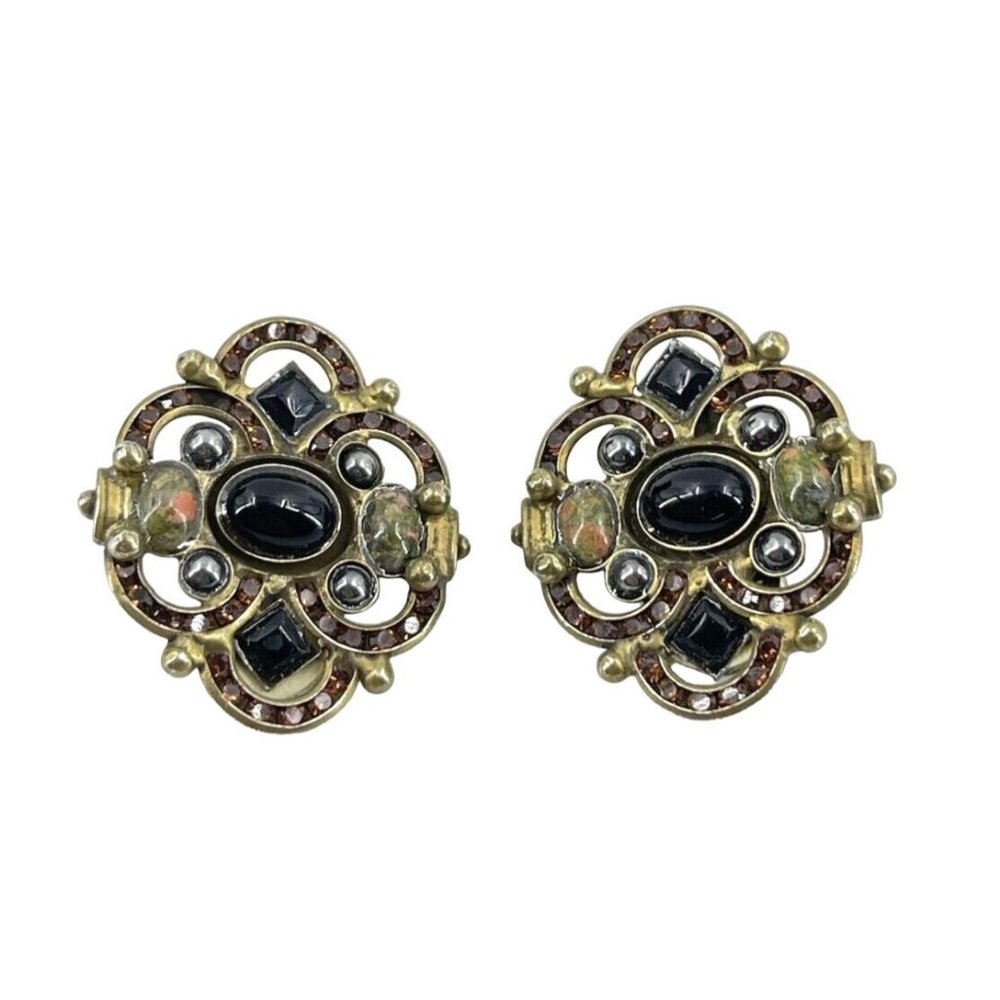 Vintage Signed Sorrelli Unakite Amber Rhinestone Gold Tone Clip On Earrings